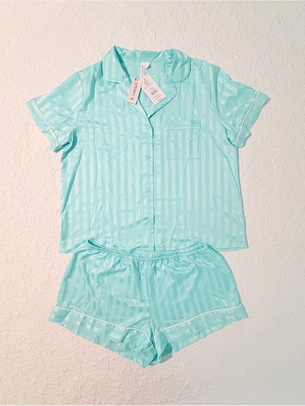 Joyspun | Women’s Satin Striped Jacquard Short Pajama Set | Mint Green | Large